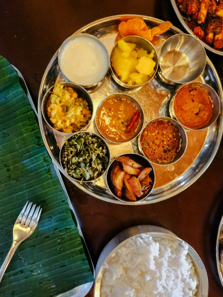 A traditional vegetarian Tamil lunch thali