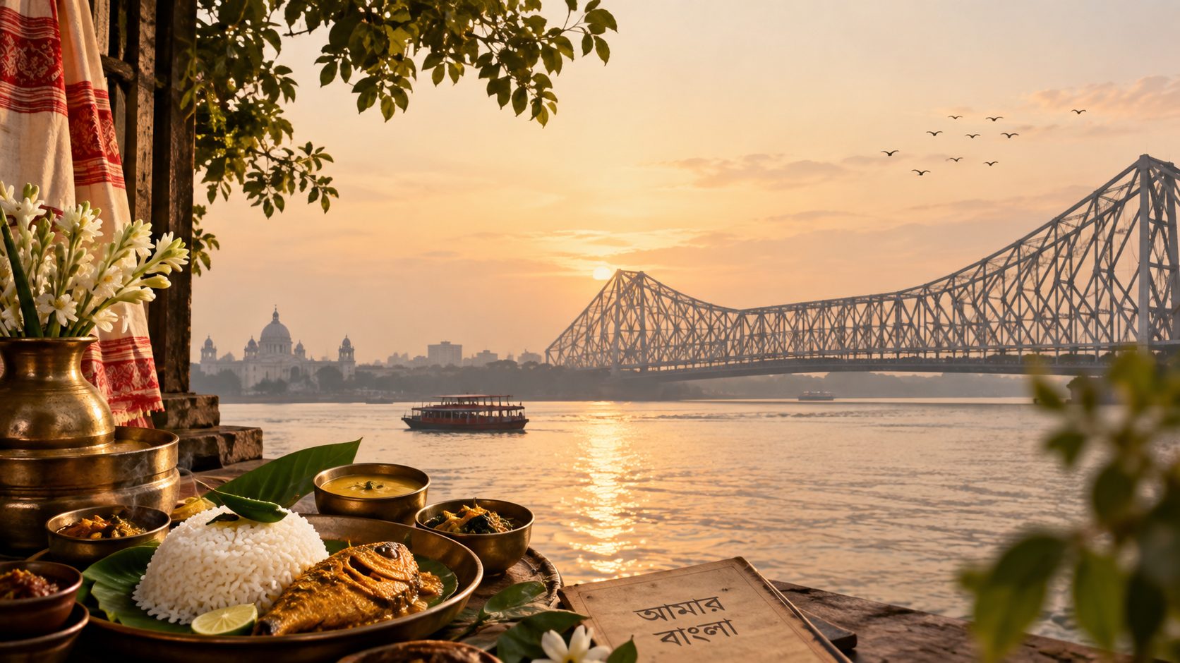 Bengali thali of rice and fish curry served beside the Hooghly river, with the Howrah Bridge and Kolkata skyline at sunrise